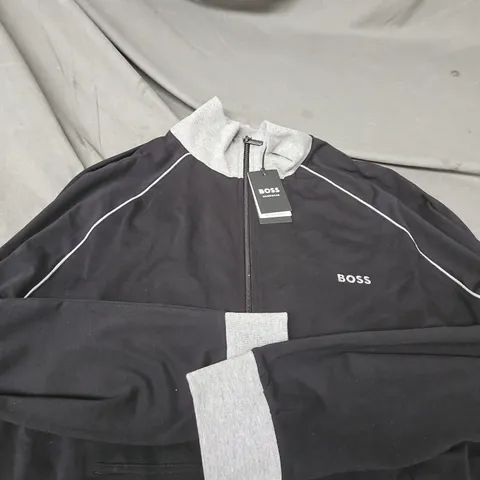BOSS HOMEWEAR ZIP TRACK JACKET – BLACK WITH GREY HOOD TRIM - L