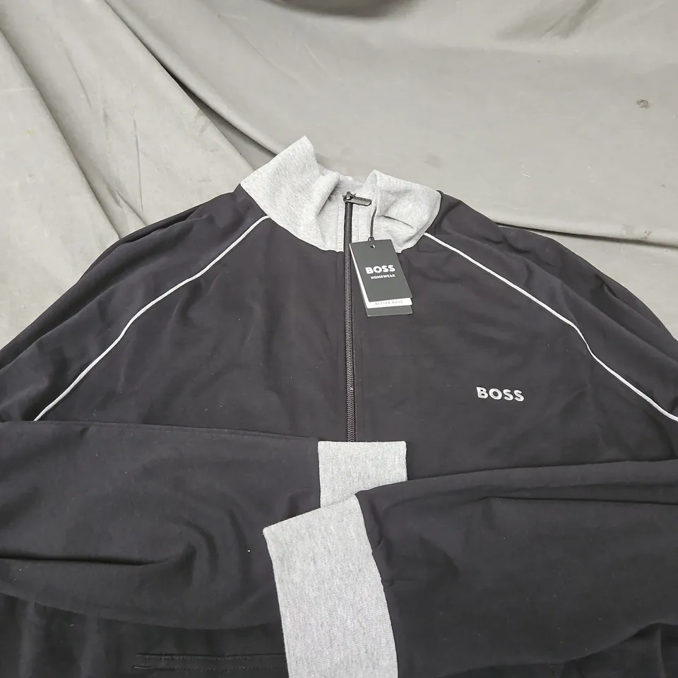 BOSS HOMEWEAR ZIP TRACK JACKET – BLACK WITH GREY HOOD TRIM - L