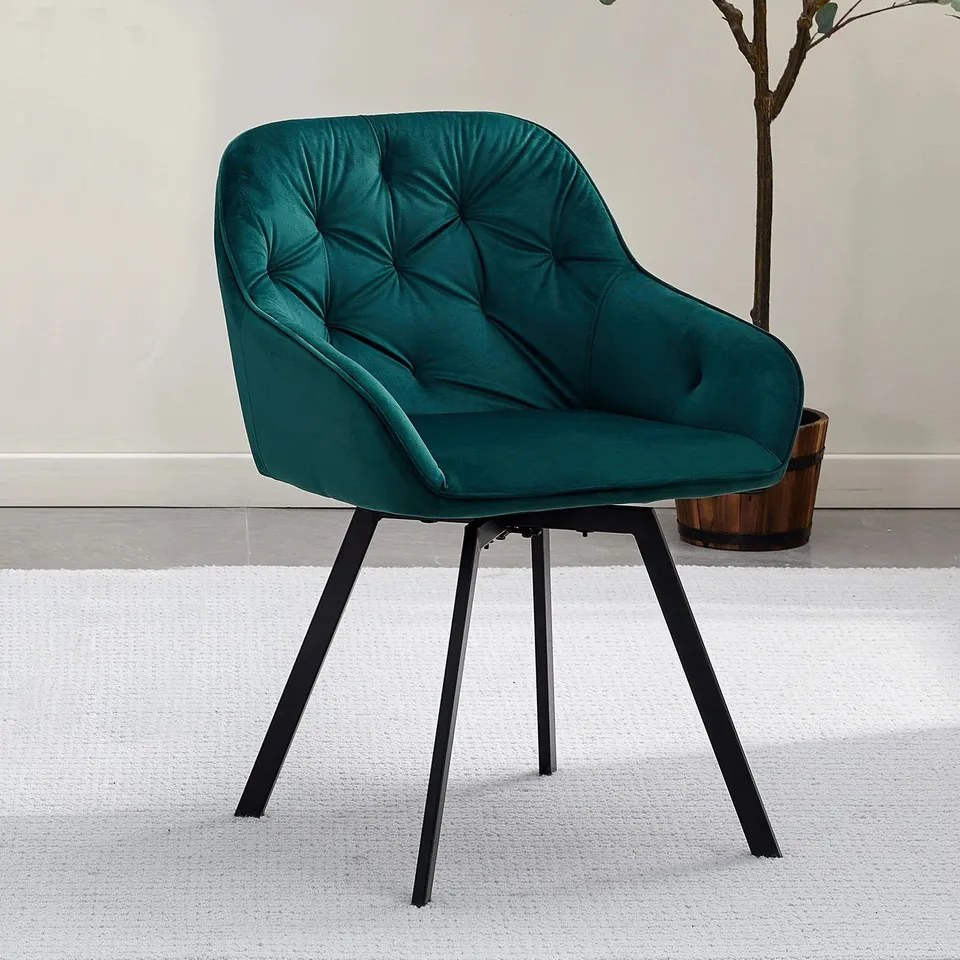 BOXED GARVIES SET OF TWO GREEN VELVET SWIVEL DINING CHAIRS