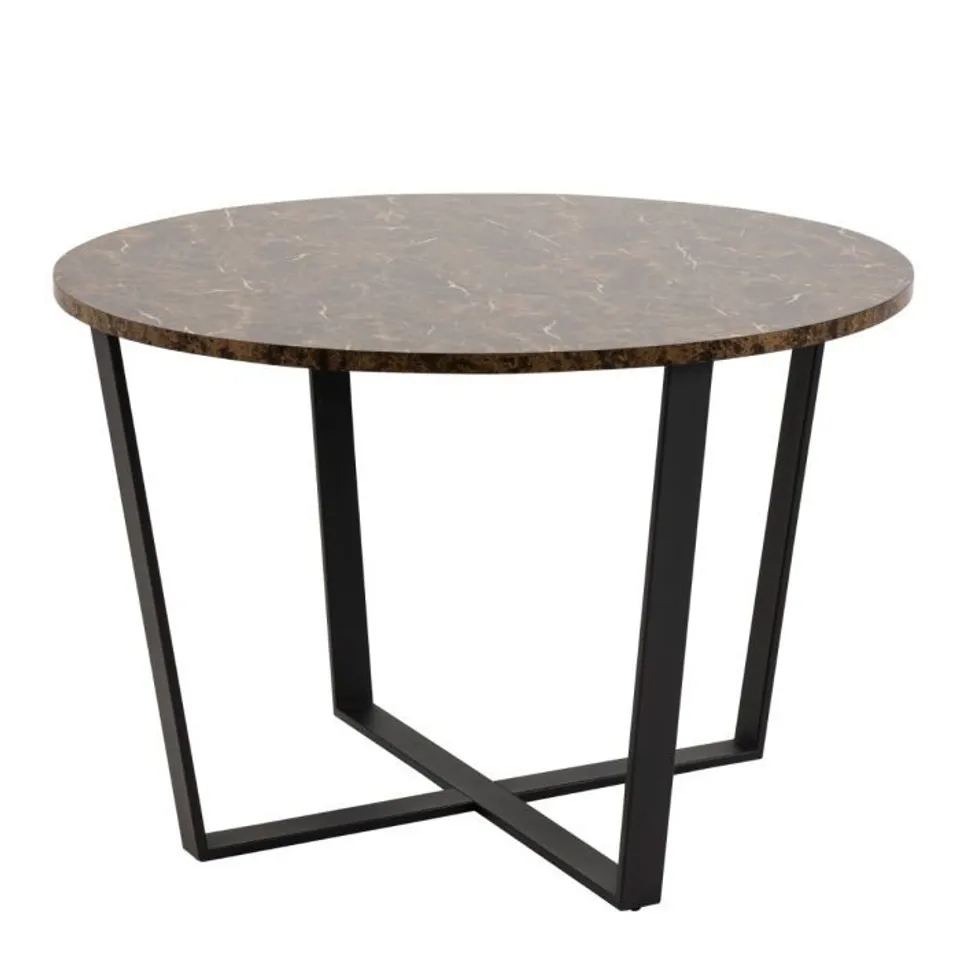 BOXED AMBLE ROUND DINING TABLE WITH BROWN MARBLE EFFECT MELAMINE TOP & BLACK LEGS (1 BOX)