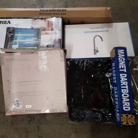 PALLET CONTAINING ASSORTED PRODUCTS INCLUDING RETRACTABLE SAFETY GATE, INSECT KILLER, TOY ARCHERY SET, PLANT SAUCERS, KITCHEN FAUCET & MAGNET DARTBOARD 