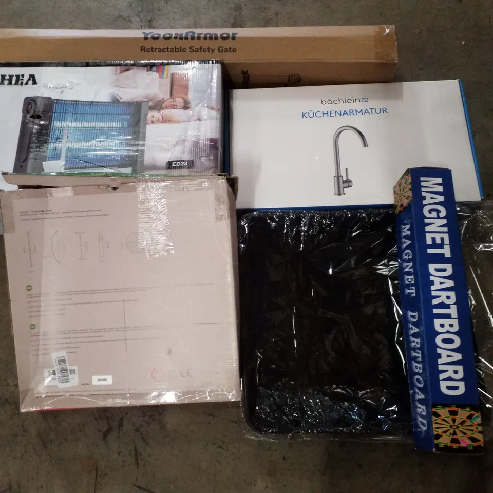 PALLET CONTAINING ASSORTED PRODUCTS INCLUDING RETRACTABLE SAFETY GATE, INSECT KILLER, TOY ARCHERY SET, PLANT SAUCERS, KITCHEN FAUCET & MAGNET DARTBOARD 