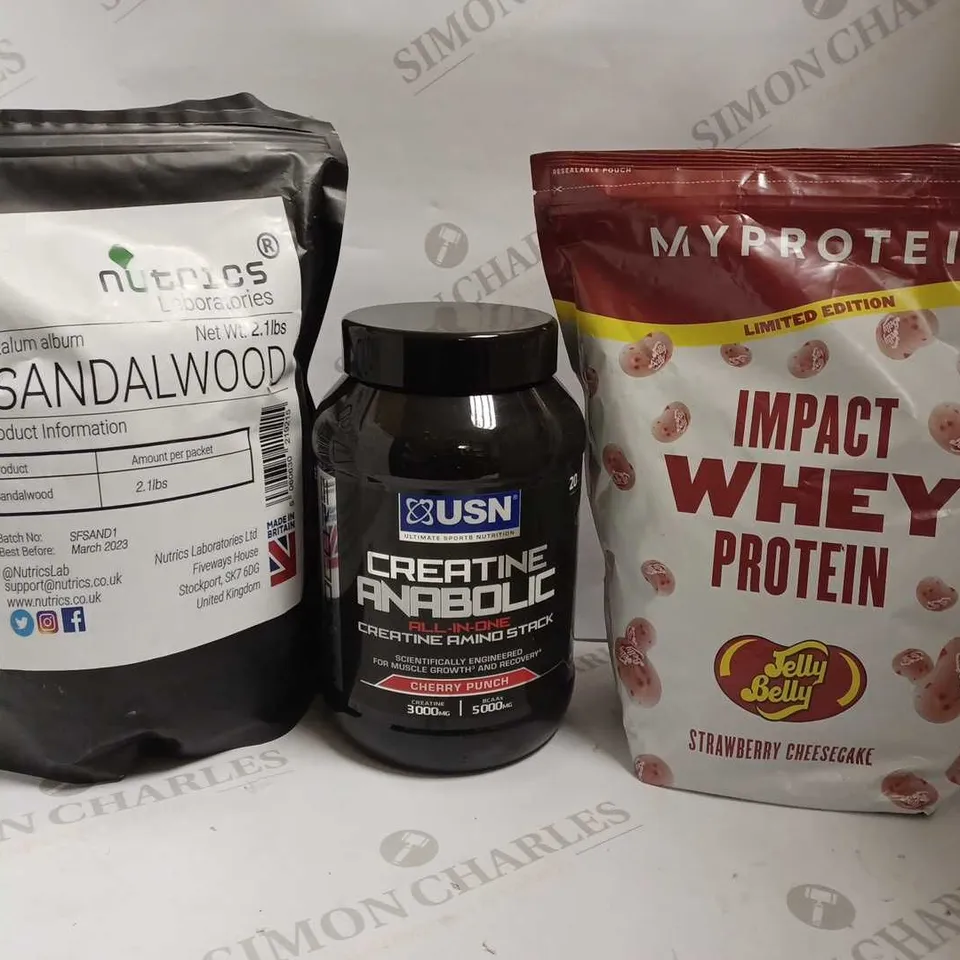 LOT OF 3 ITEMS TO INCLUDE MYPROTEIN IMPACT WHEY PROTEIN POWDER ('JELLYBELLY' STRAWBERRY CHESESECAKE) (1.08KG), USN CREATINE ANABOLIC ALL-IN-ONE POWDER (CHERRY PUNCH - 900g), NUTRICS SANDALWOOD POWDER