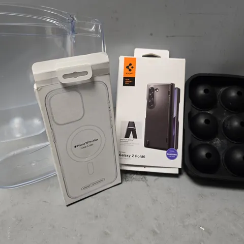 BOX OF APPROXIAMTELY 10 ASSORTED ITEMS TO INCLUDE - IPHONE 16 PRO MAX , SPAGEN GALAXY Z FOLD 6 , BALL ICE CUBES ETC