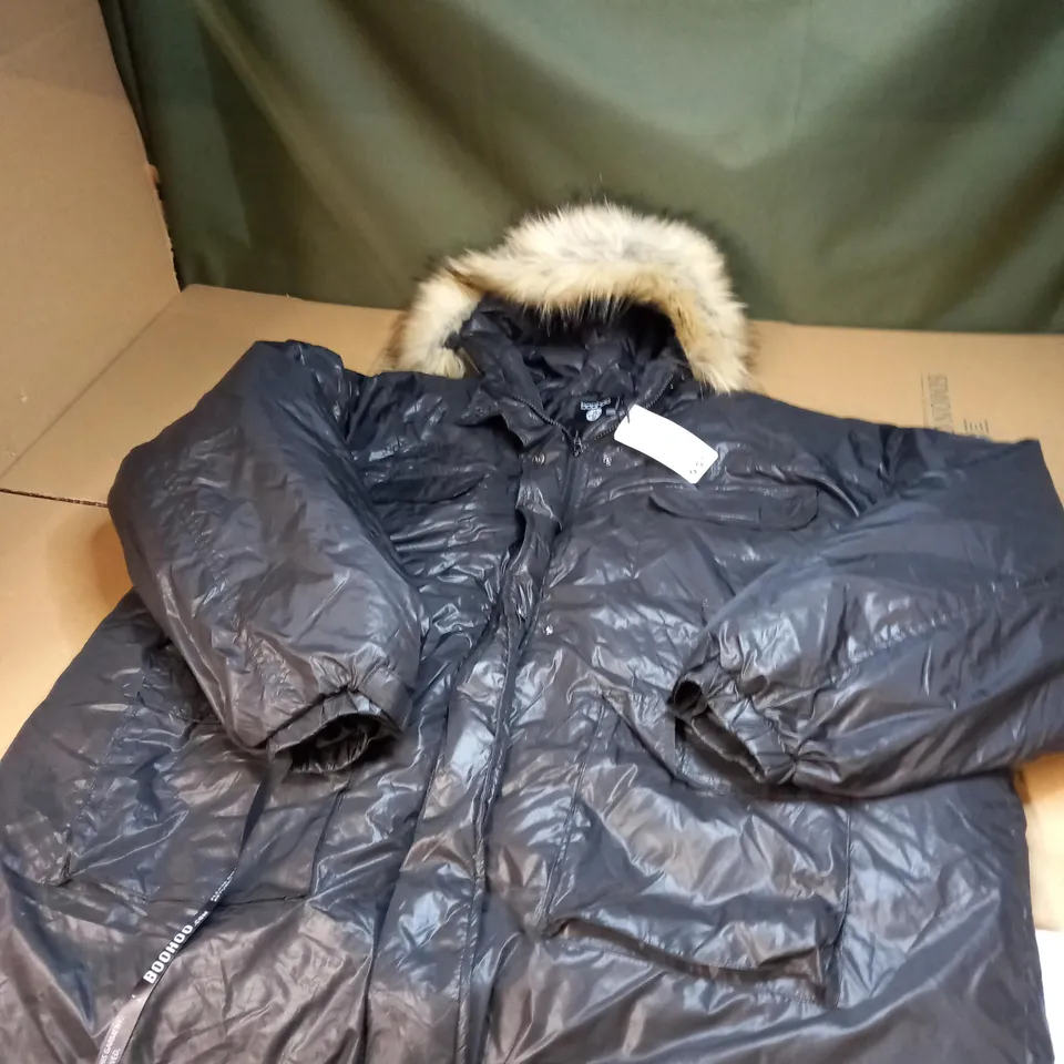 PLUS FAUX FUR HOODED PARKA JACKET IN BLACK SIZE 16