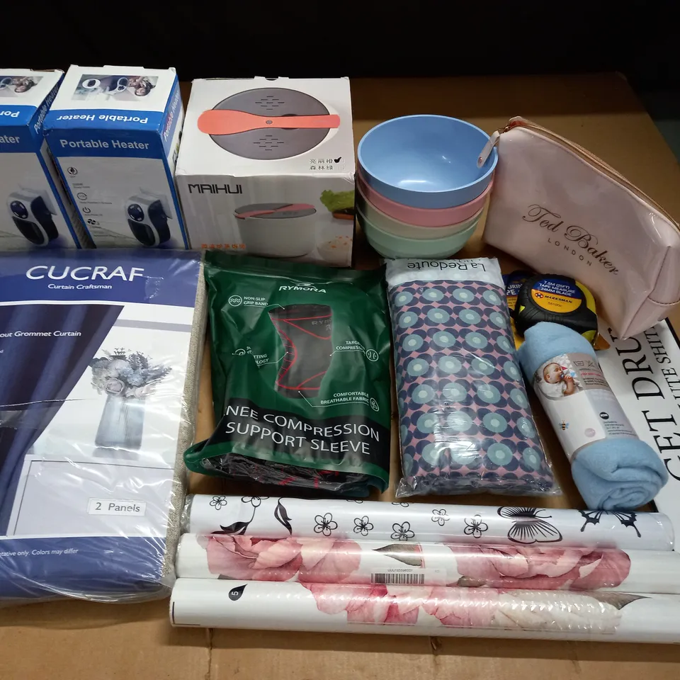 LARGE QUANTITY OF ASSORTED HOUSEHOLD ITEMS TO INCLUDE PORTABLE HEATERS, BLACKOUT CURTAINS AND KNEE SUPPORT