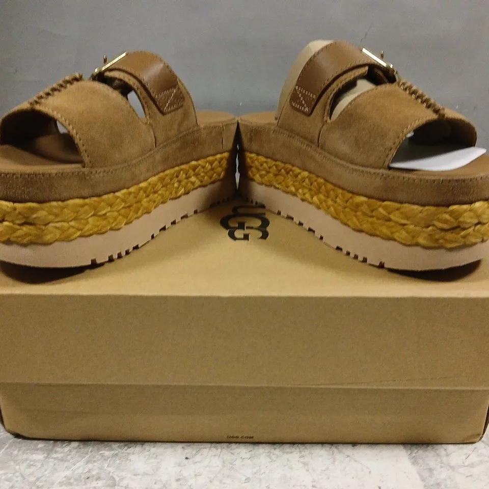 BOXED PAIR OF UGG OPEN TOE PLATFORM SANDALS IN BROWN SIZE UK 3