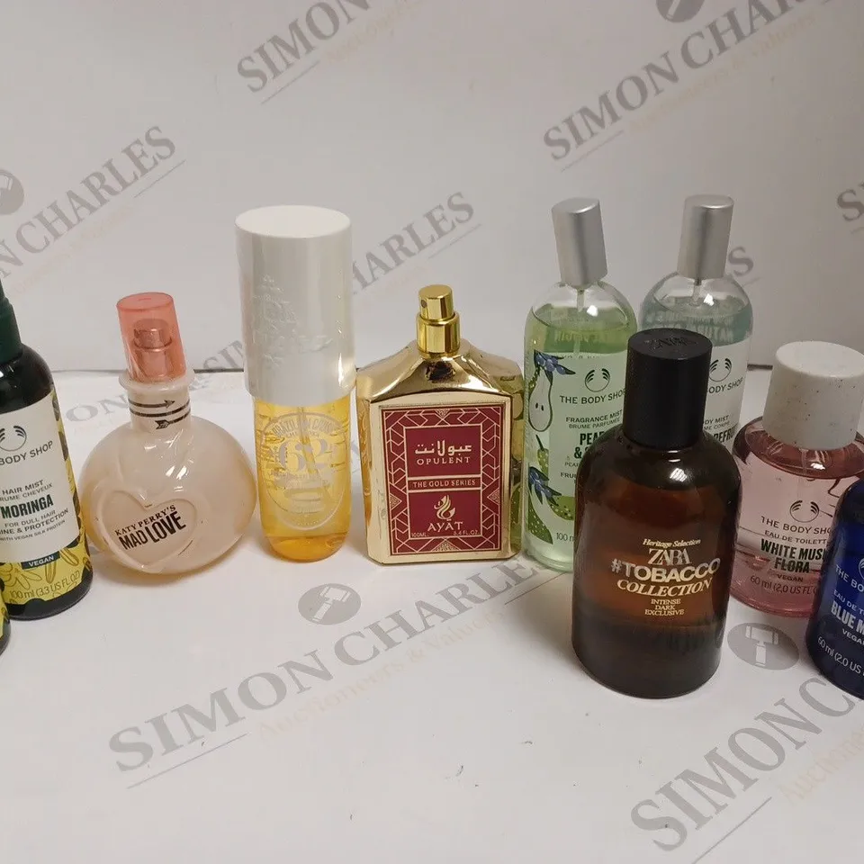 LOT OF 10 ASSORTED BOTTLES OF FRAGRENCES TO INCLUDE BODY SHOP AND ZARA