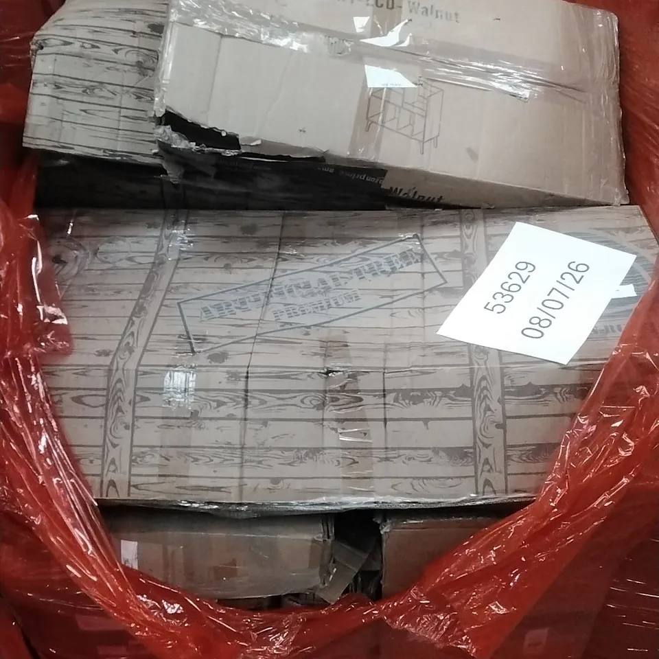 PALLET OF ASSORTED HOUSEHOLD GOODS AND PRODUCTS TO INCLUDE; CHRISTMAS TREES, BOXED FURNITURE ETC