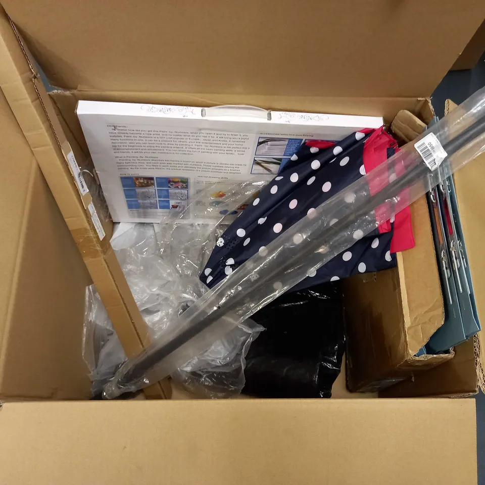 BOX OF APPROX 10 ASSORTED ITEMS TO INCLUDE PAINT BY NUMBERS, BED TRAY, SUPPORT CUSHION IN BLACK