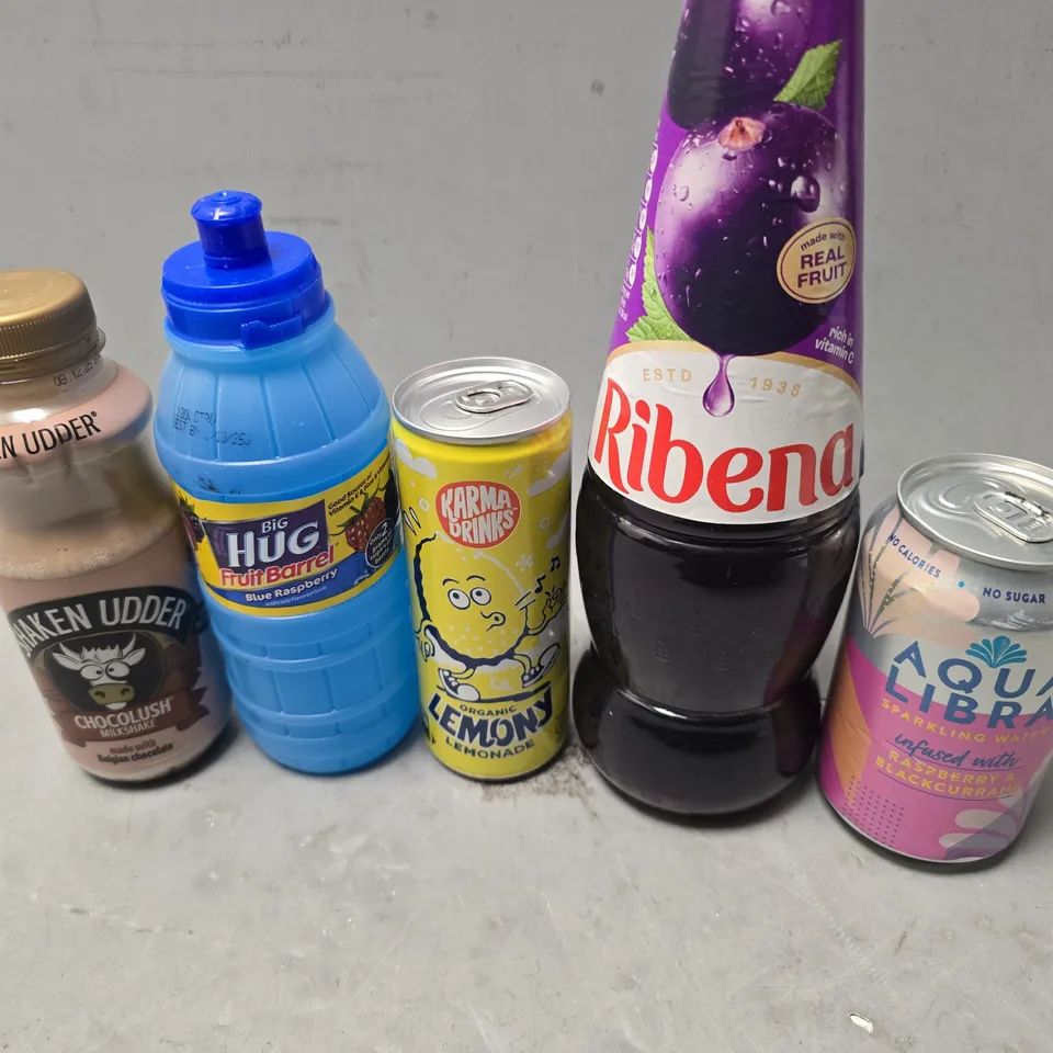 APPROXIMATELY 12 ASSORTED FOOD & DRINK ITEMS TO INCLUDE - RIBENA , SHAKEN UDDER CHOCOLUSH , KARMA DRINKS LEMONY LEMONADE ETC