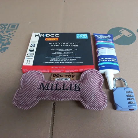 APPROXIMATELY 15 ASSORTED HOUSEHOLD PRODUCTS TO INCLUDE BLUETOOTH & DCC SOUND DECODER, BONE DOG TOY AND A COMBINATION PADLOCK