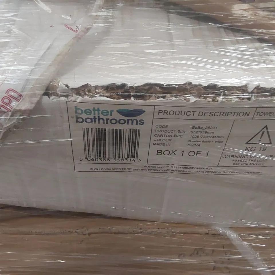 PALLET CONTAINING A LARGE QUANTITY OF ASSORTED FURNITURE ITEMS INCLUDING: WHITE GLOSS VANITY UNITS, SINK, TOWEL RADIATOR ECT