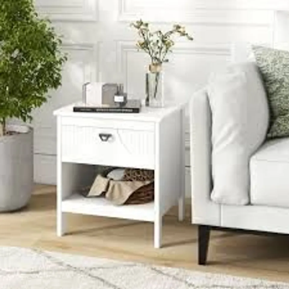 BOXED COSTWAY 2-TIER END TABLE WITH DRAWER AND OPEN STORAGE SHELF - WHITE