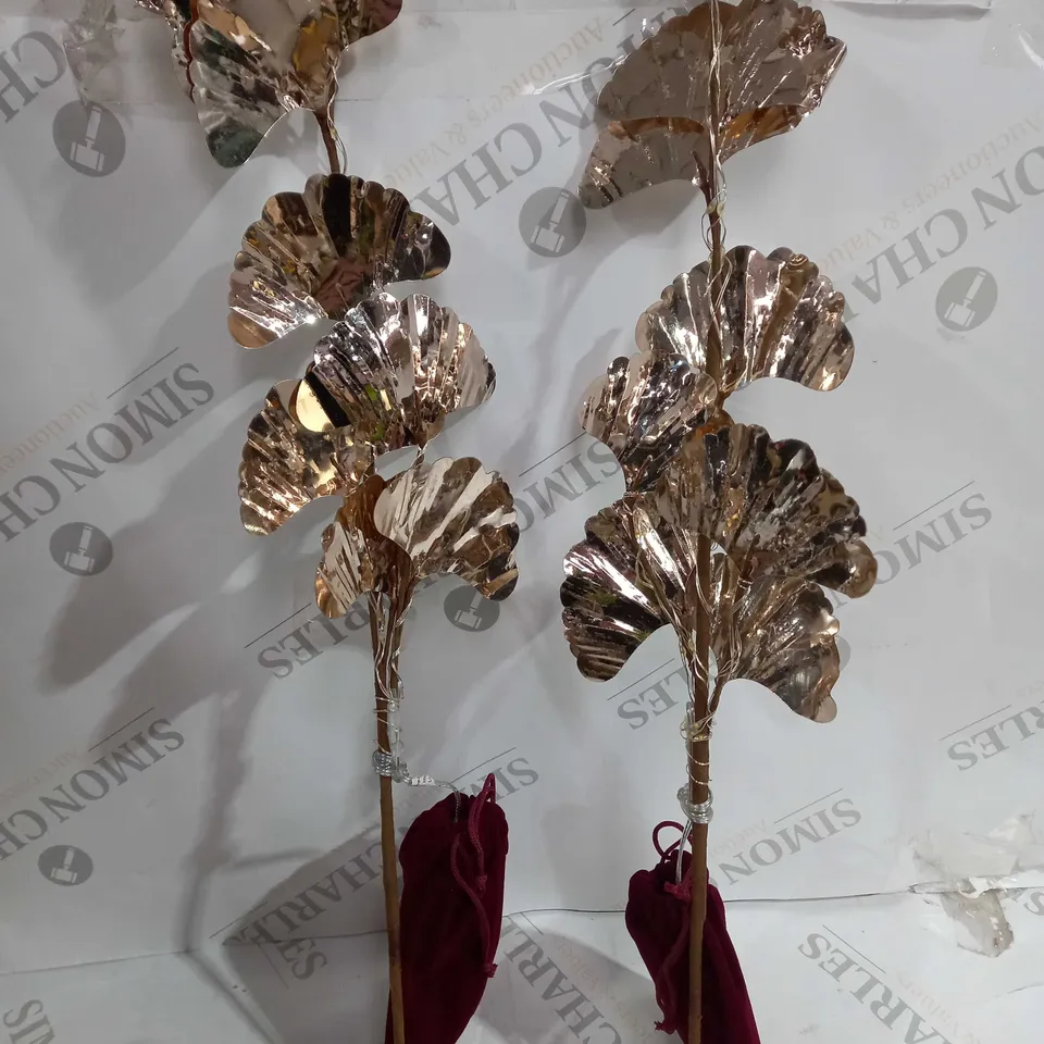 BOXED ALISON CORK SET OF 2 GINKO LEAF PRELIT STEMS - GOLD