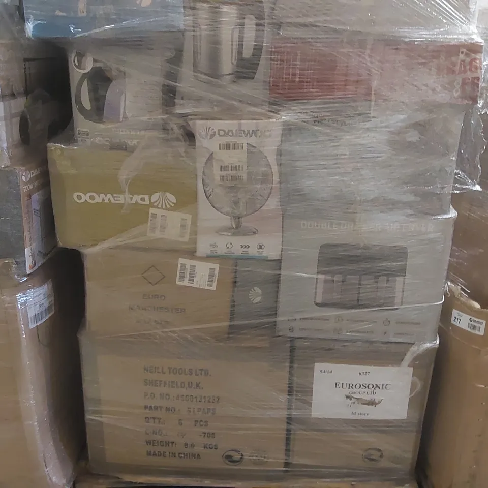 PALLET CONTAINING A VERY LARGE QUANTITY OF ASSORTED ELECTRIC ITEMS INCLUDING: DAEWOO KETTLES, AIR FRYER, FAN ECT