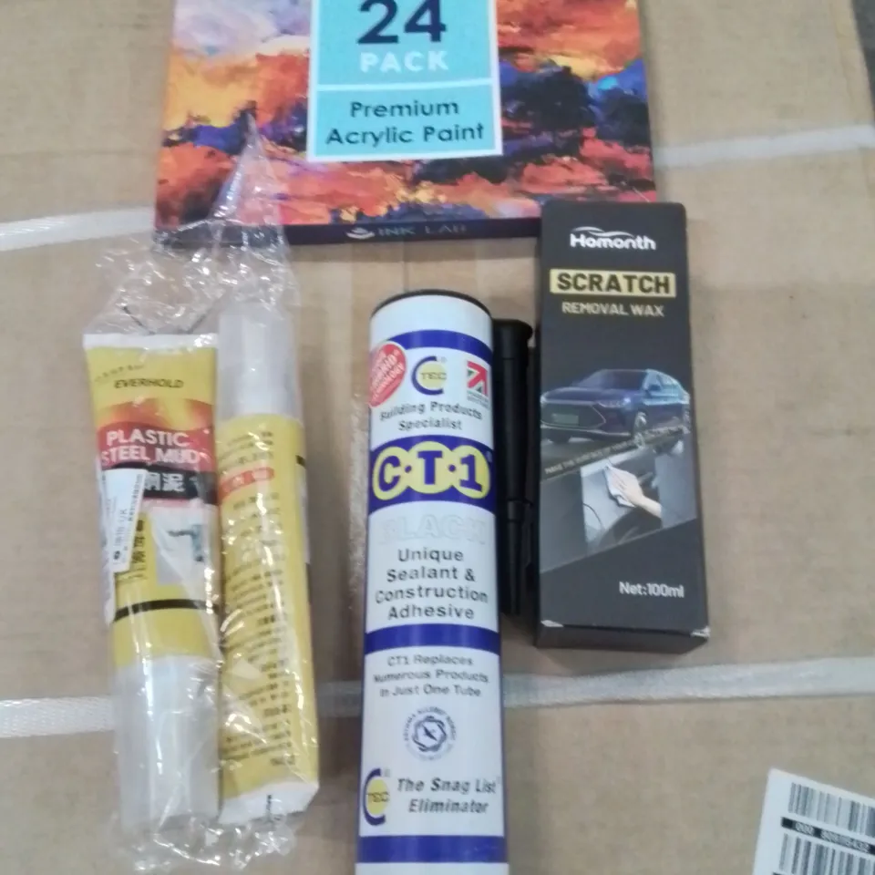 PALLET CONTAINING A LARGE QUANTITY OF ASSORTED LIQUID BASE PRODUCTS TO INCLUDE;ACRYLIC PAINT,SCRATCH REMOVAL KIT LIQUID,CAULK,PLASTIC STEEL MUD FORMULA