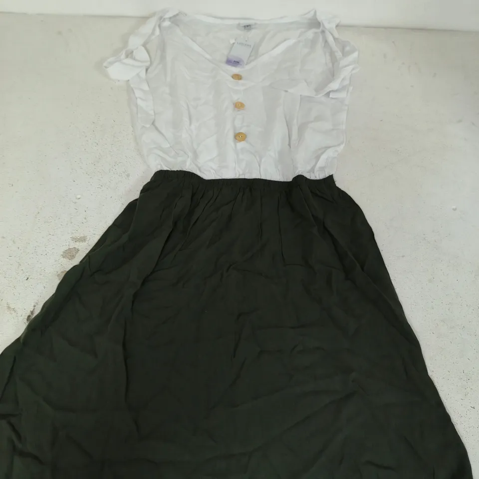 LASCANA OLIVE AND WHITE DRESS WITH BUTTON FRONT DETAIL AND NECK TIE FASTENING – UK 10