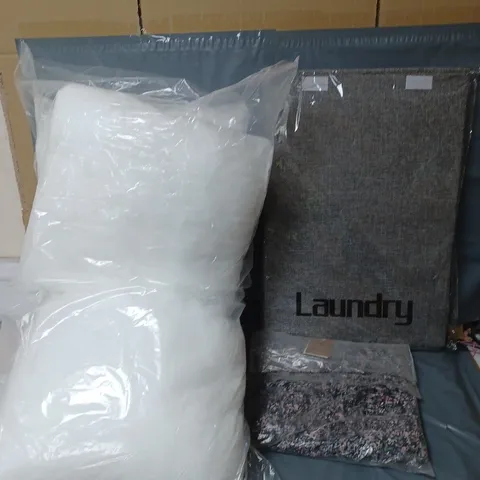 APPROXIMATELY 15 HOUSEHOLD ITEMS TO INCLUDE CUSHIONS, MONSOON DRESS AND A LAUNDRY BOX