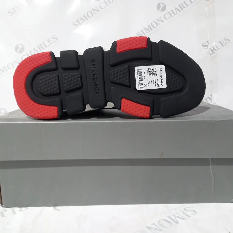 BOXED PAIR OF BALENCIAGA SHOES IN BLACK/WHITE/RED EU SIZE 36