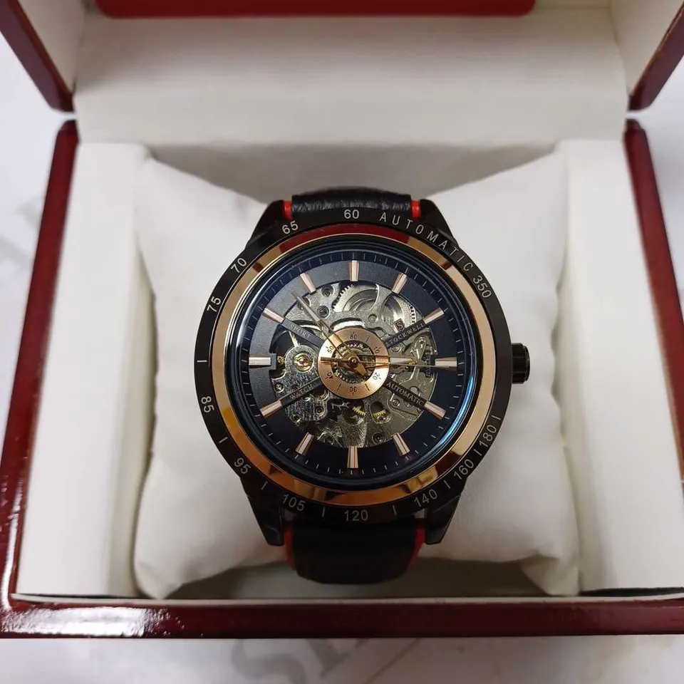 STOCKWELL AUTOMATIC 350 SKELETON DIAL LEATHER STRAP WRISTWATCH 