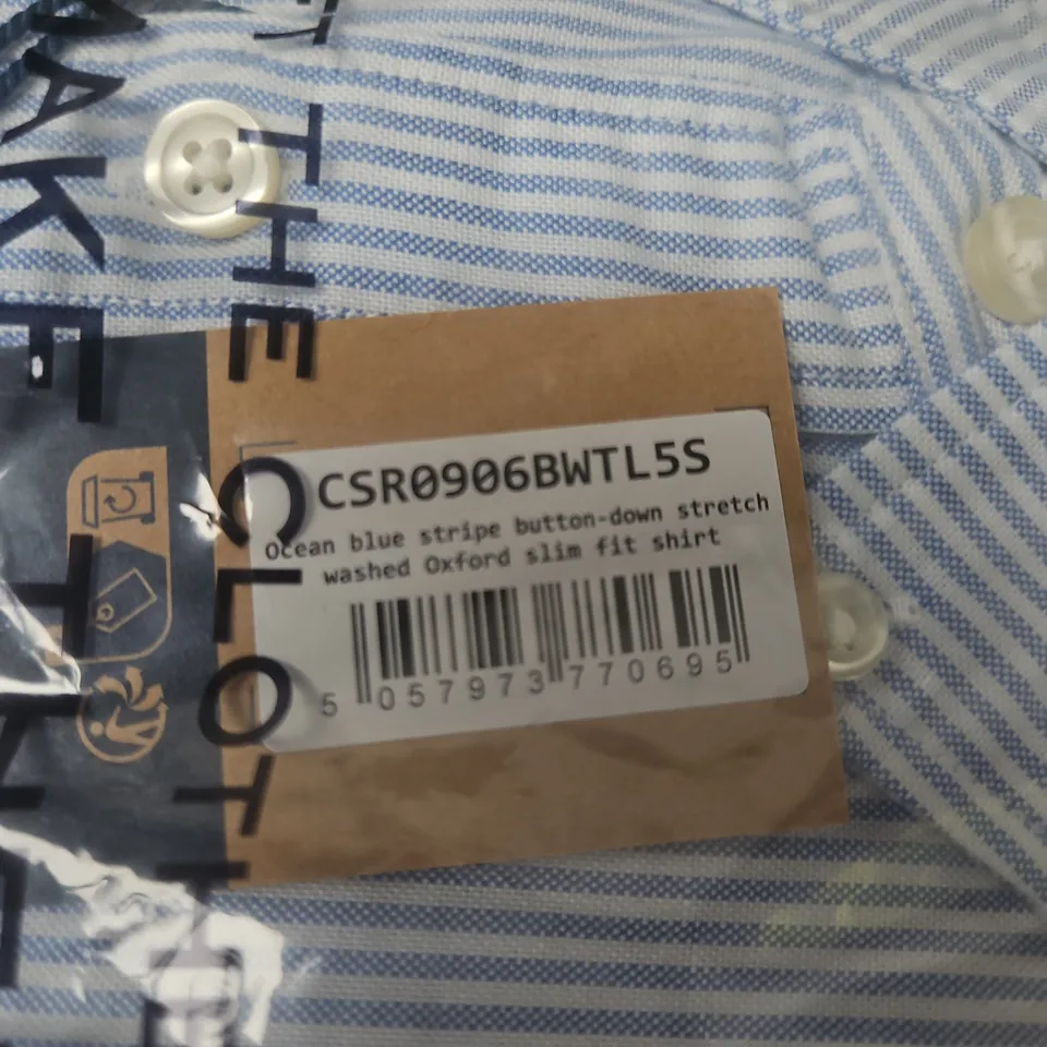 CHARLES TYRWHITT OCEAN BLUE STRIPE BUTTON-DOWN OXFORD SHIRT – SLIM FIT, STRETCH - SIZE L