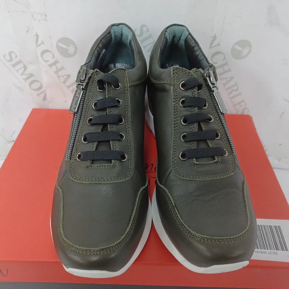 RUTH LANGSFORD WEDGE TRAINER IN KHAKI - SIZE 5