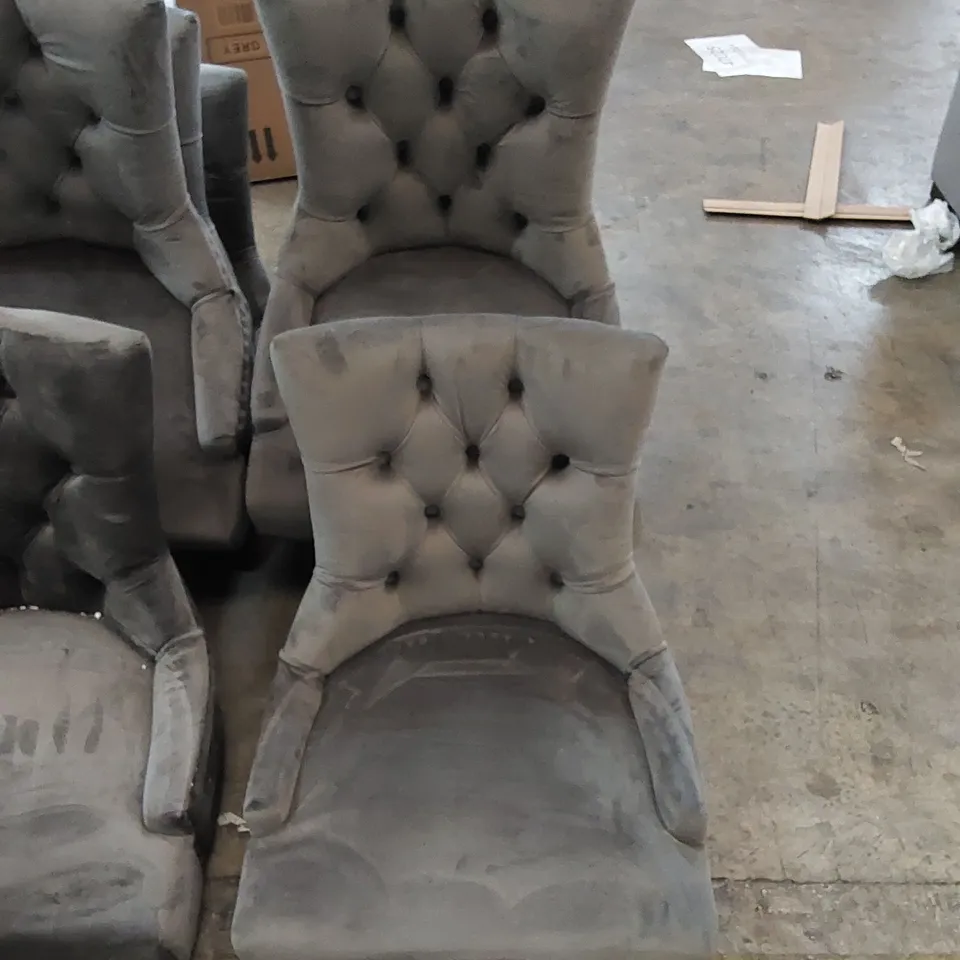 4 X ASSORTED UPHOLSTERED GREY VELVET DINING CHAIRS WITH OAK LEGS 