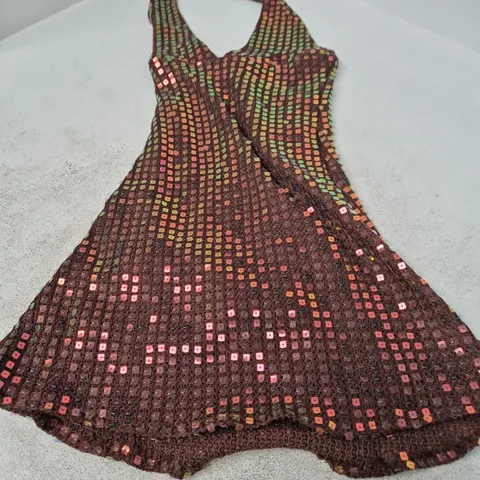 MOTEL KNIT MINI DRESS β DARK BROWN WITH SEQUIN SQUARES β SIZE S