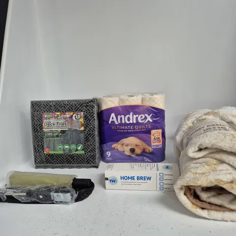 BOX F APPROXIMATELY 10 ASSORTED ITEMS INCLUDING REHMAT COLLECTION CHUNKY RIBBED THROW, ANDREX TOILET ROLL AND THERMOMETER WORLD HYDROMETER AND TRIAL JAR