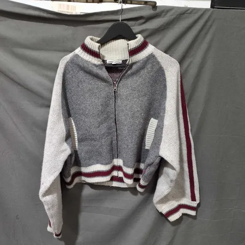 JADED LONDON CROPPED VARSITY KNIT CARDIGAN – GREY BODY WITH WHITE SLEEVES, ZIP-FRONT, SIZE M