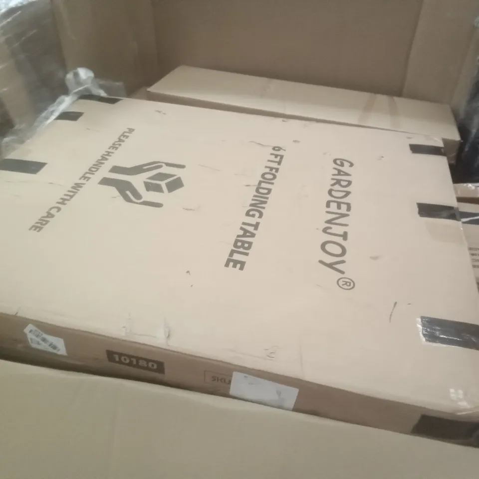 PALLET OF ASSORTED ITEMS INCLUDING WORK DESK, PICNIC FOLDING TABLE, 2-TIER MULTIFUNCTIONAL BAMBOO GARMENT LAUNDRY RACK , IRONING BOARD, 6FT FOLDING TABLE