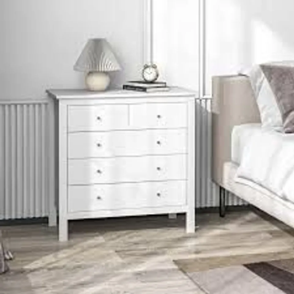 BOXED HOMCOM MODERN CHEST OF DRAWERS, 5 DRAWER STORAGE CABINET WITH METAL HANDLES AND RUNNERS FOR BEDROOM, WHITE (1 BOX)