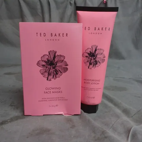 TED BAKER GLOWING FACE MASKS 3 X 26G AND MOISTURING BODY LOTION 250ML