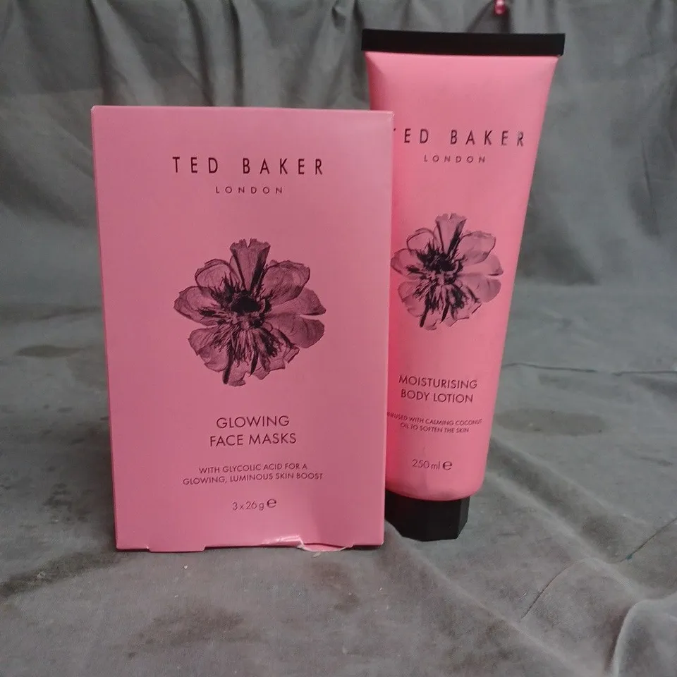 TED BAKER GLOWING FACE MASKS 3 X 26G AND MOISTURING BODY LOTION 250ML