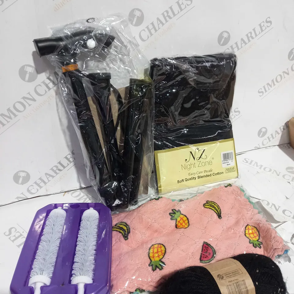 BOX OF APPROXIMATELY 20 ITEMS TO INCLUDE PADS, YARN, WALKING STICK ETC