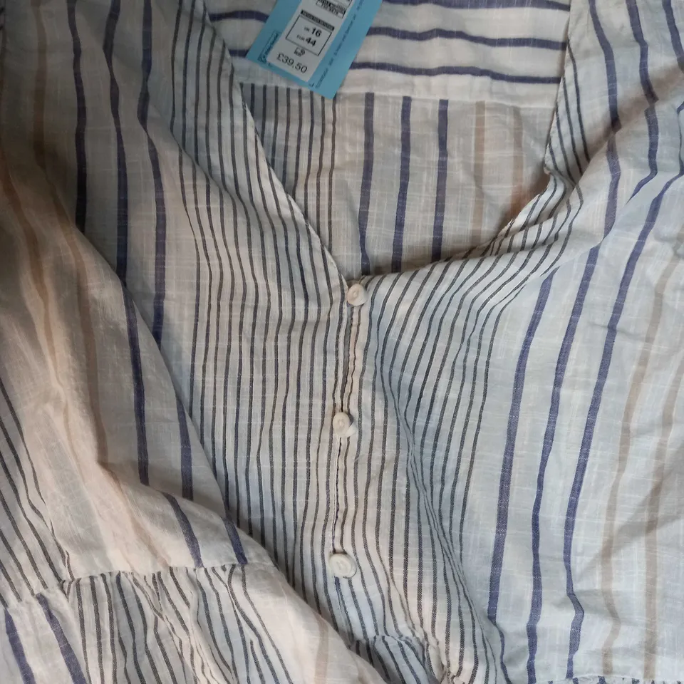 M&S WHITE/GREY BLUE STRIPED FLOWING DRESS - SIZE 16