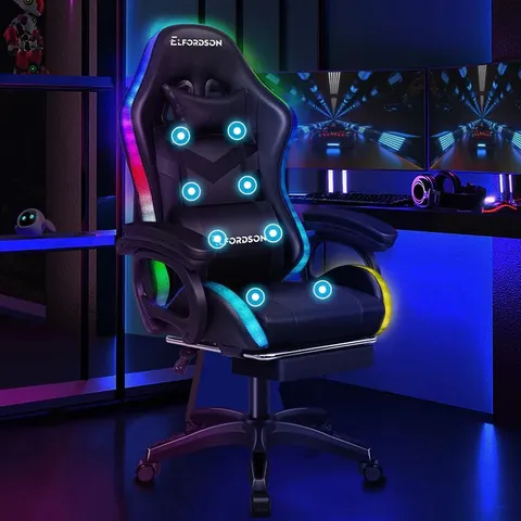 BOXED ELFORDSON GAMING CHAIR WITH RGB LED LIGHT 8-POINT MASSAGE - RED