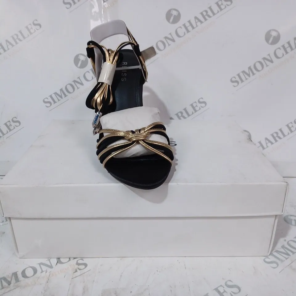 BOXED PAIR OF REISS CASSIDY STRAPPY HEELS IN BLACK/GOLD UK SIZE 4