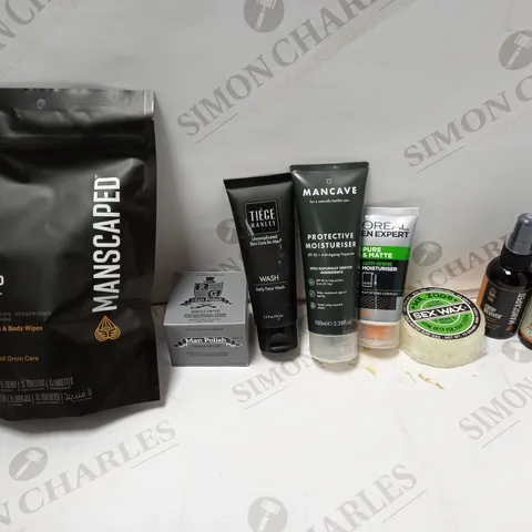 LOT OF 8 ASSORTED MEN'S GROOMING PRODUCTS TO INCLUDE MANSCAPED CROP MOP WIPES, GRADUAL TANNING FACE MOISTURISER, TIEGE HANLEY FACE WASH, ETC