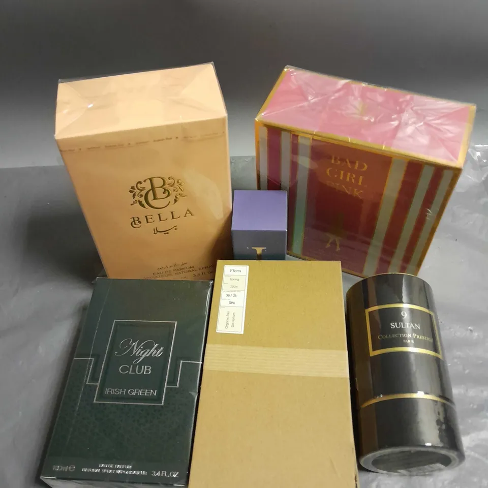 BOX OF APPROXIMATELY 6 ASSORTED BOXED FRAGRANCES TO INCLUDE - BAD GIRL PINK - COLLECTION PRESTIGE 9 SULTAN - NIGHT CLUB IRISH GREEN - ETC