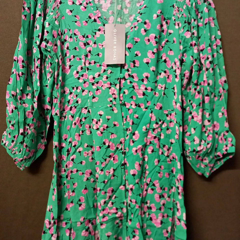 OLIVER BONAS VINTAGE ROSE BUD MIDI DRESS IN GREEN - SIZE 8