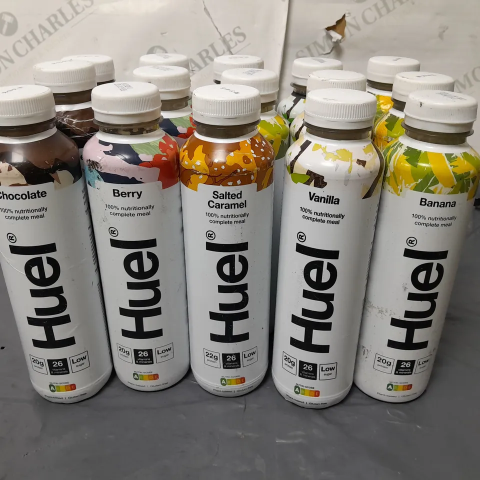 LOT OF 15 ASSORTED 500ML BOTTLES OF HUEL - VARIOUS FLAVOURS