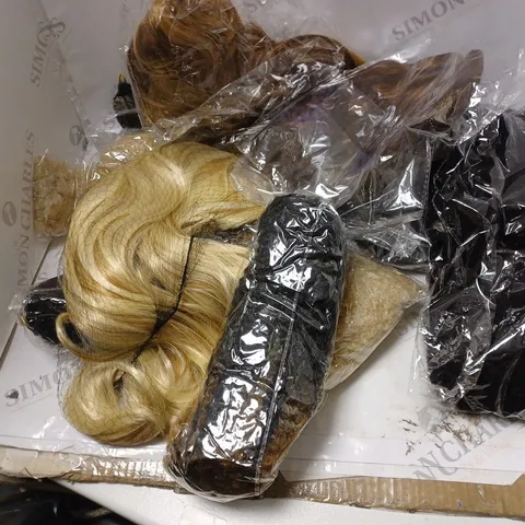 BOX OF ASSORTED WIGS COMING IN DIFFRENT COLOURS TEXTURES AND STYLE