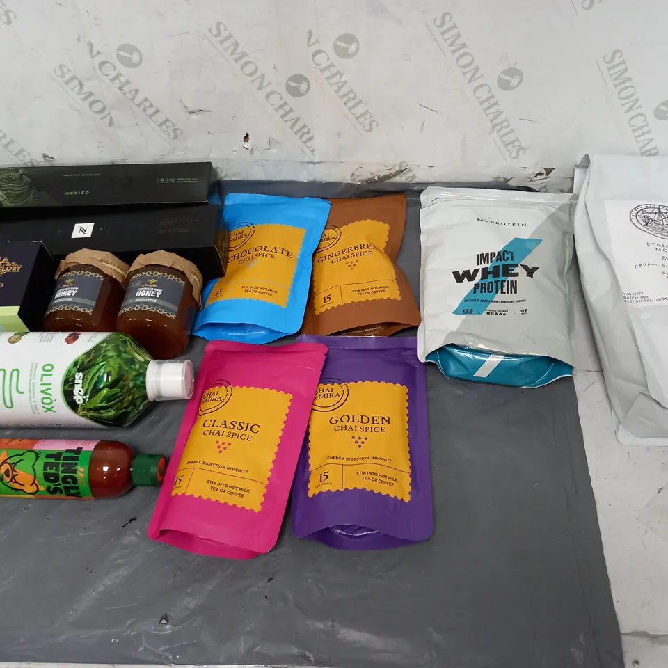APPROXIMATELY 8 ASSORTED FOOD ITEMS TO INCLUDE - ETHIOPIAN MOCHA BEANS, NESPRESSO MEXICO PODS, AND MP IMPACT WHEY PROTEIN ETC. 