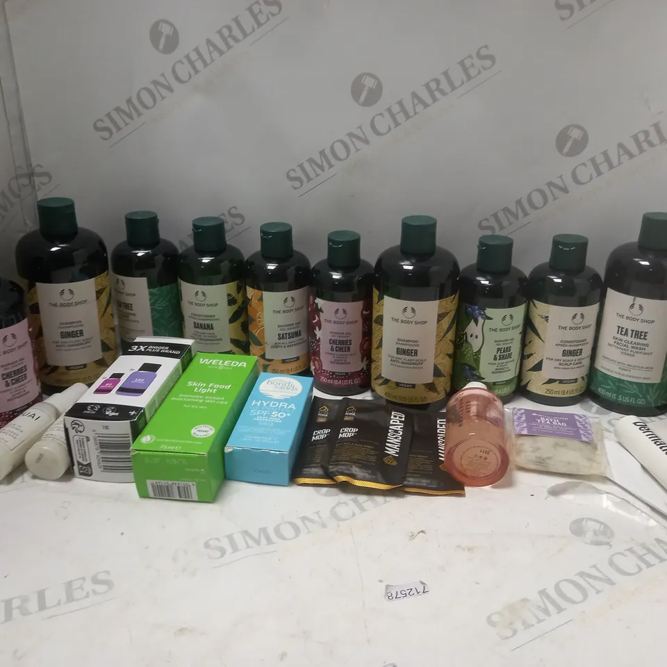 LOT OF BEAUTY PRODUCTS TO INCLUDE THE BODY SHOP SHOWERGEL AND SHAMPOO, ETC