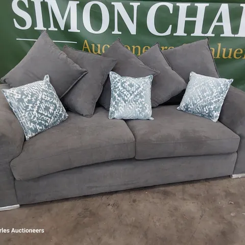 DESIGNER THREE SEATER SOFA GREY FABRIC WITH SCATTER CUSHIONS
