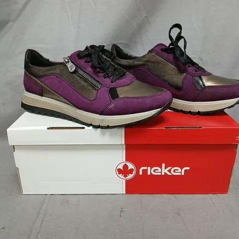 BOXED PAIR OF RIEKER SHOES IN PURPLE/BRONZE SIZE 6