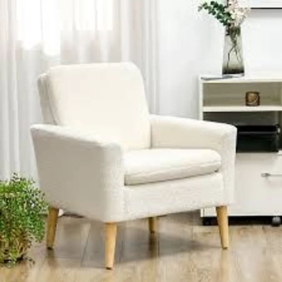 BOXED HOMCOM ARMCHAIR, UPHOLSTERED ACCENT CHAIR WITH WOOD LEGS AND WIDE PADDED SEAT, TEDDY OCCASIONAL CHAIR, CREAM WHITE (1 BOX)