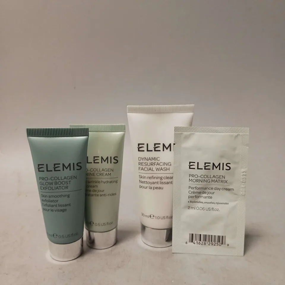 SET OF 4 ASSORTED ELEMIS HEALTH AND BEAUTY ITEMS TO INCLUDE PRO-COLLAGEN GLOW BOOST EXFOLIATOR (15ML), PRO-COLLAGEN MARINE CREAM (15ML), DYNAMIC RESURFACING FACIAL WASH (15ML) AND PRO-COLLAGEN MORNING